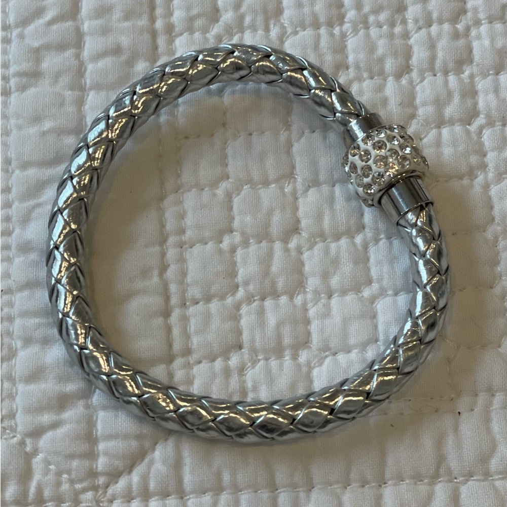 Silver Braided leather bracelet rhinestone stainless steel magnetic c…